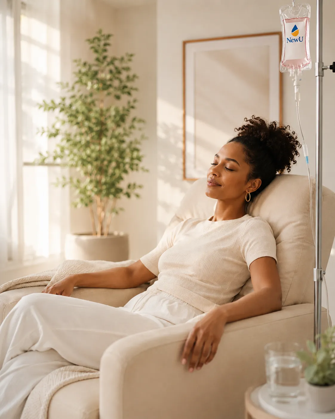 A guest relaxing in a recliner during IV hydration