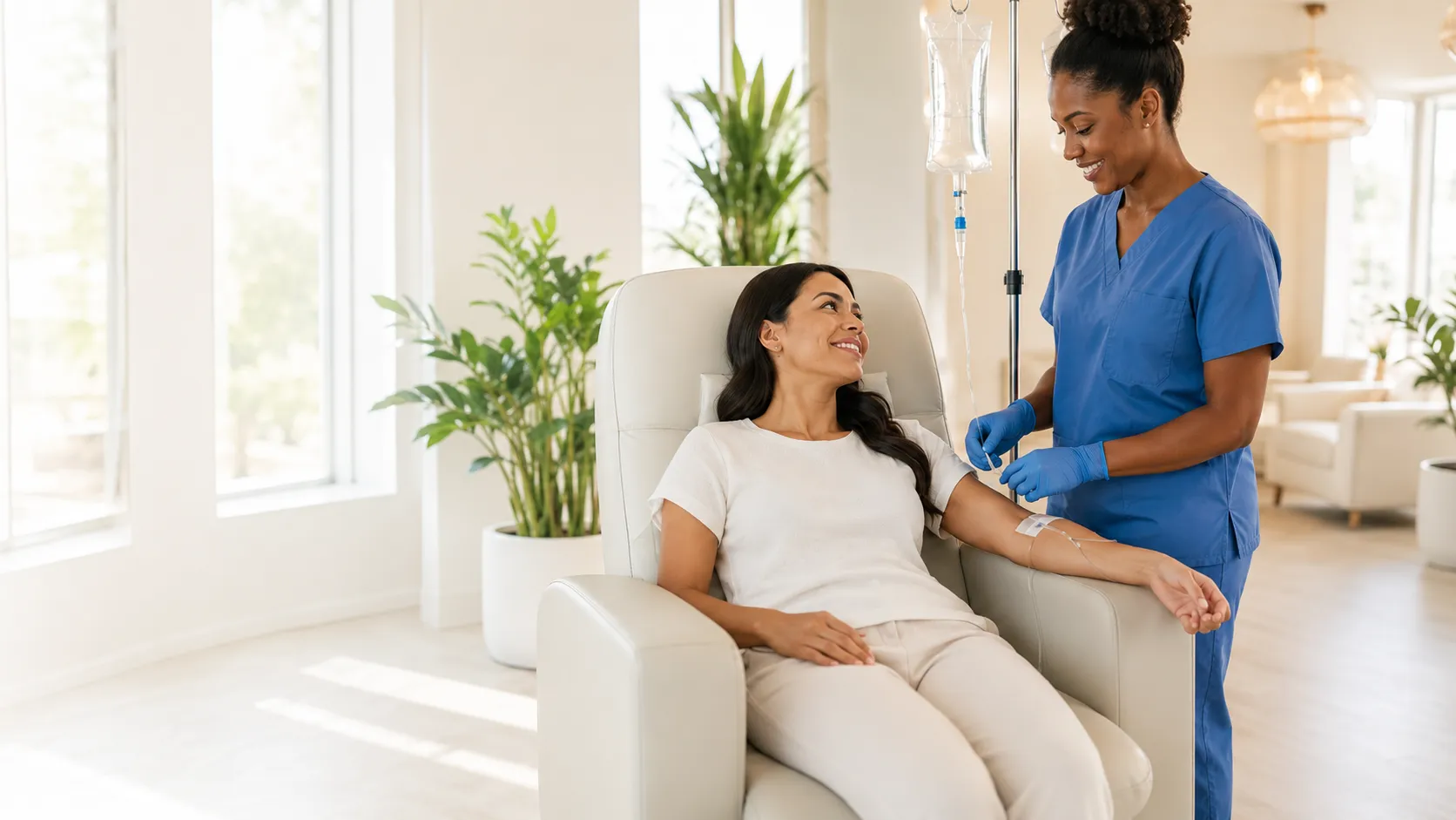A nurse caring for a guest during an IV hydration visit